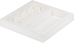 Изображение Коробка с пластиковой крышкой для 8 конфет(20*20*3 см) и шоколадной плитки (16*8 см)