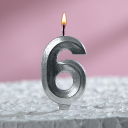 Изображение Свеча в торт "Грань", цифра "6", серебряный металлик