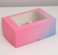 Изображение Коробка на 6 капкейков с окном "Градиент", розово - голубой, 25 х 17 х 10