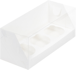 Изображение Коробка белая под 3 капкейка с пластиковой крышкой 240*100*100 мм
