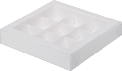 Изображение Коробка для конфет белая с пластиковой крышкой 155*155*30 мм, 9 ячеек