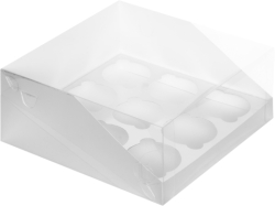 Изображение Коробка под 9 капкейков белая ПРЕМИУМ с пластиковой крышкой 235*235*100 мм