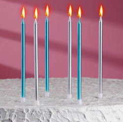 Изображение Свечи в торт "Ройс", 6 шт, высокие, 13 см, серебряные и голубые