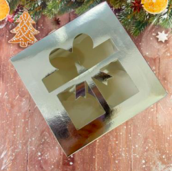 Изображение Коробка на 4 капкейка серебро с прозрачным окошком "Подарок", 160*160*100 мм