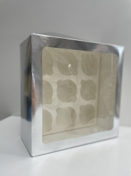 Изображение Коробка на 9 капкейков СЕРЕБРО с квадратным окном 235*235*100 мм