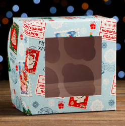 Изображение Коробка на 4 капкейков с окном "Новогодняя почта", 16 х 16 х 10 см
