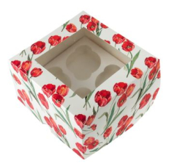 Изображение Коробка для 4 капкейков с окном "Красные тюльпаны"