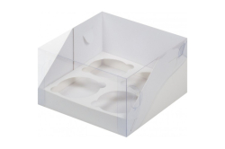 Изображение Коробка под 4  капкейка белая ПРЕМИУМ с пластиковой крышкой 160*160*100 мм