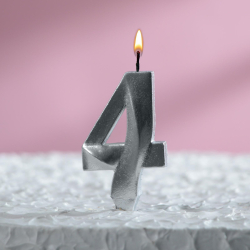 Изображение Свеча в торт "Грань", цифра "4", серебряный металлик